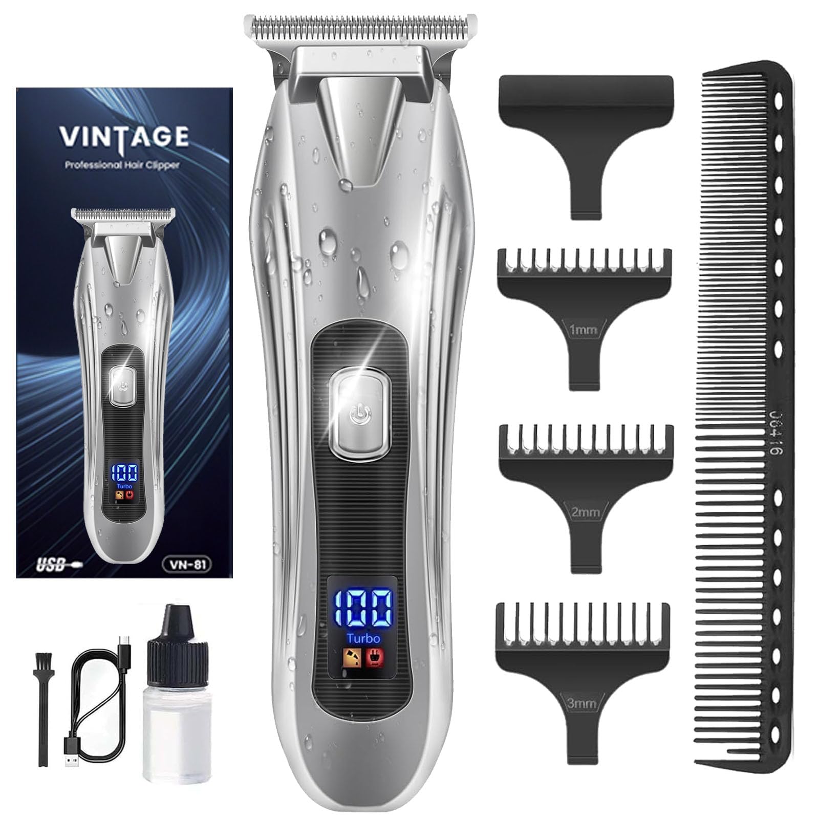 Cordless Beard Trimmer Professional Hair Clippers with T-Blade & LCD – Black