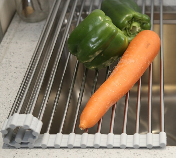 Folding Kitchen Drain Sink Rack – Stainless Steel Roll-Up Dish Drying Rack
