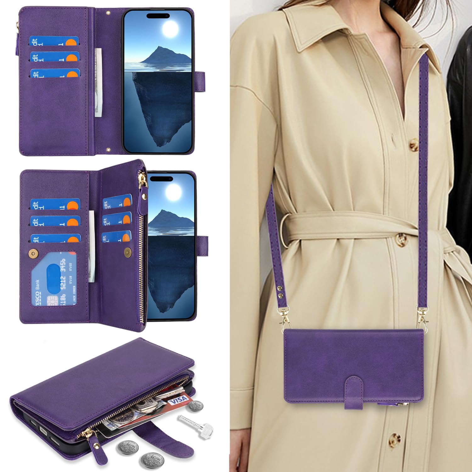 iPhone 16 Pro Max Wallet Case Crossbody Flip Leather with 9 Card Holders & Strap – Purple
