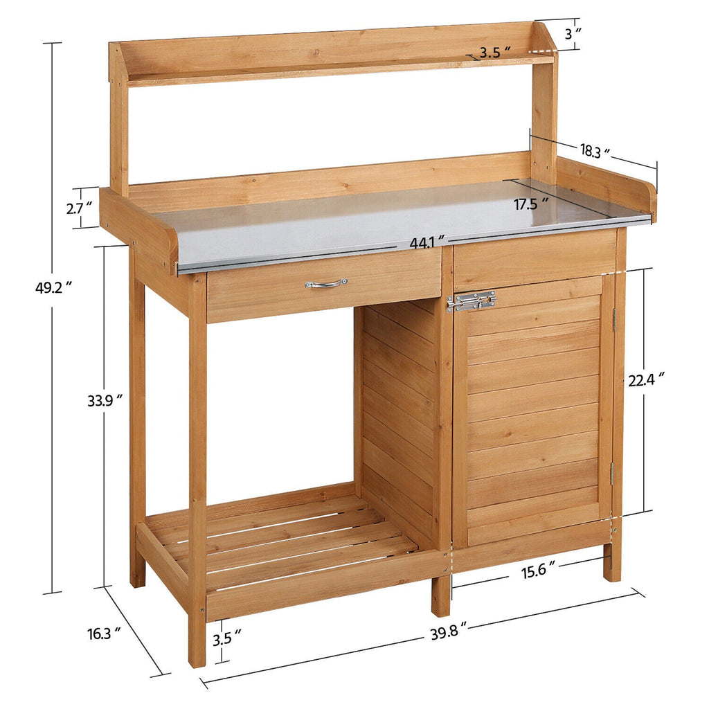 Outdoor Garden Potting Bench with Storage & Metal Tabletop