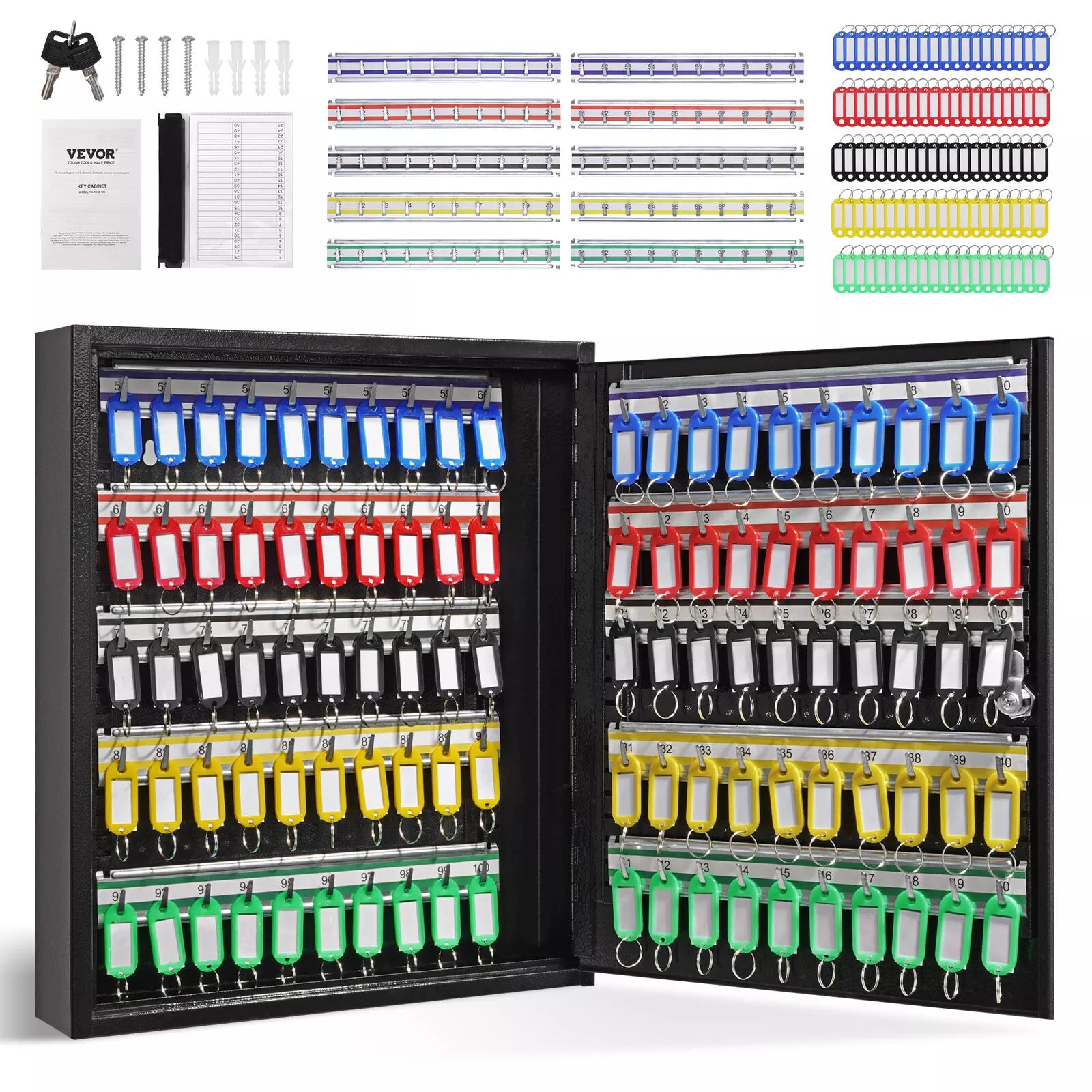 Lockable 100-Key Cabinet Adjustable Hooks Wall Mounted Key Tags