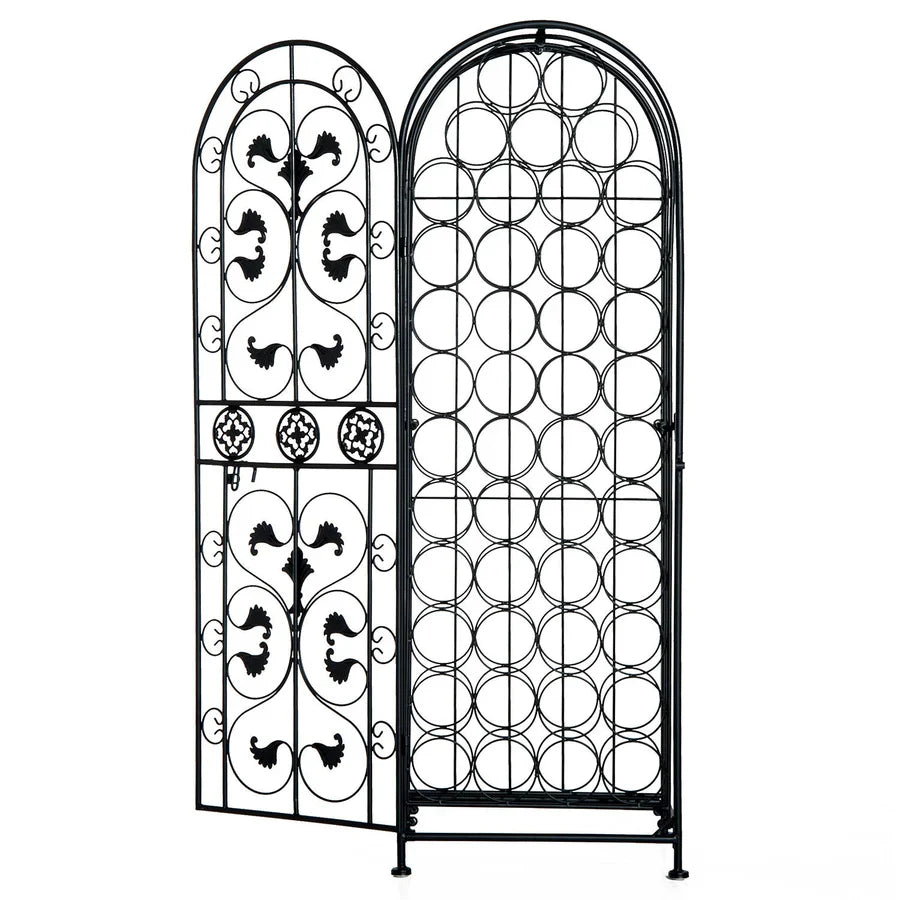 45-Bottle Wrought Iron Wine Rack Jail with Lockable Door Scroll Design