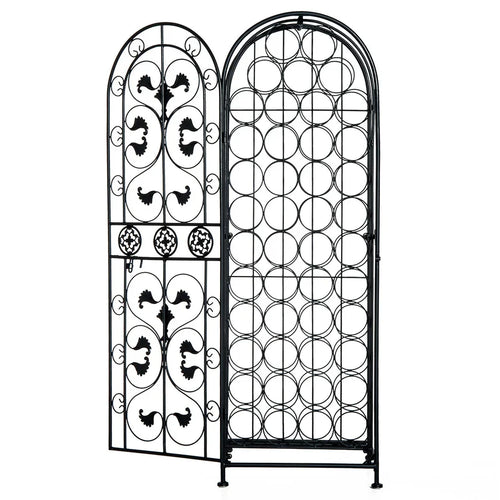 45-Bottle Wrought Iron Wine Rack Jail with Lockable Door Scroll Design