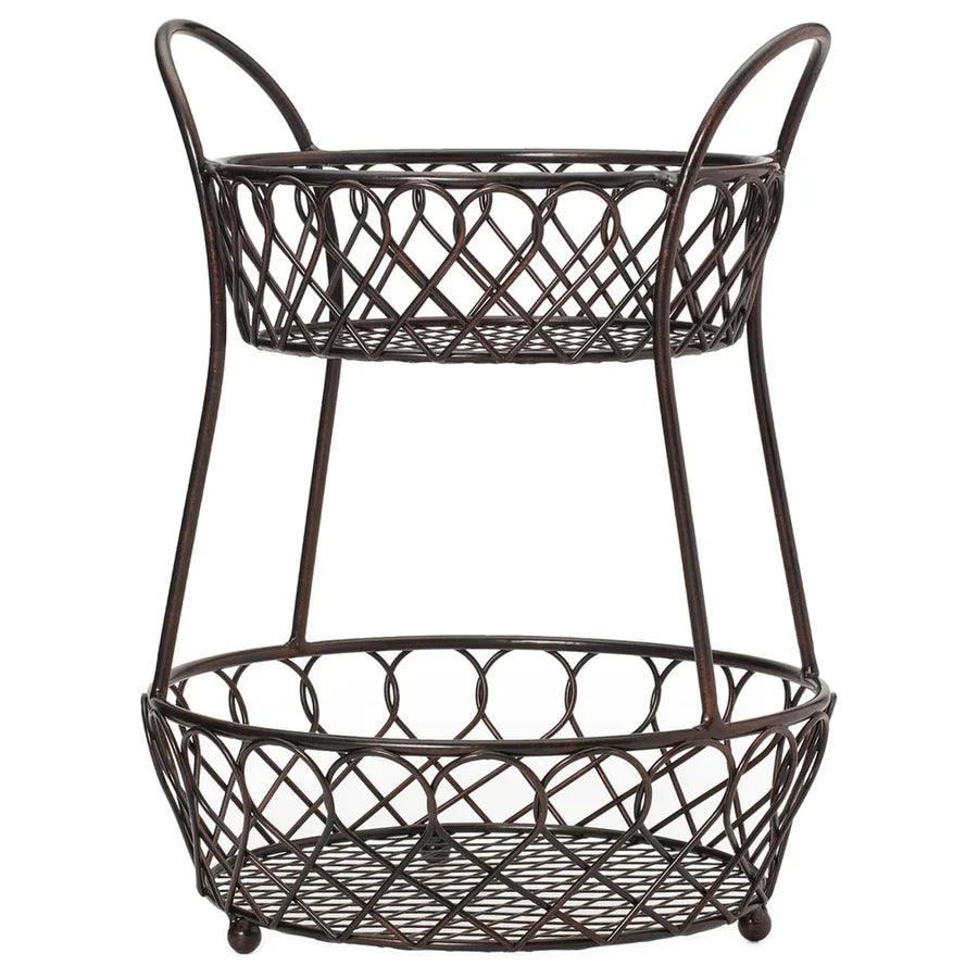2-Tier Wrought Iron Lattice Basket with Antique Black Finish Storage