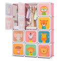 12-Cube Kids Closet Organizer with Hanging Rod & Animal Doors Pink