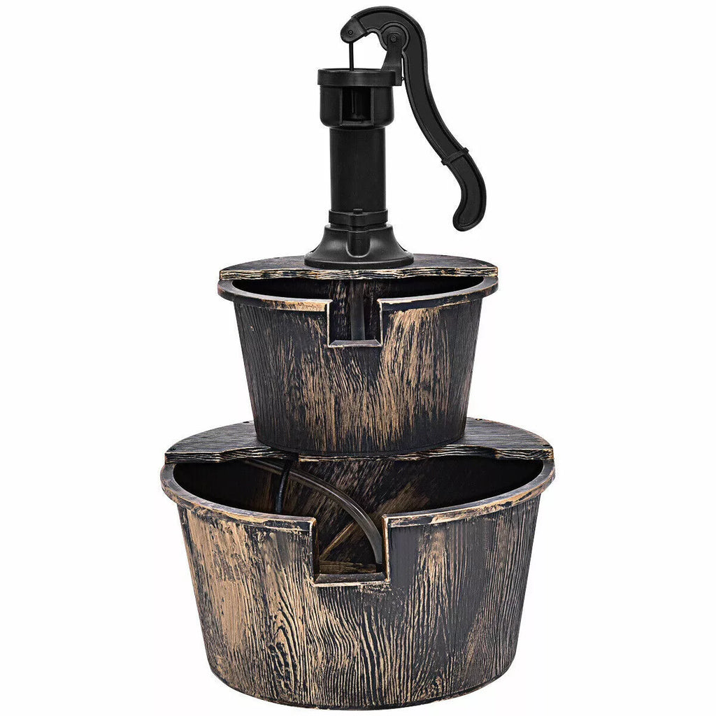 Outdoor 2-Tier Barrel Water Fountain with Pump Garden & Patio