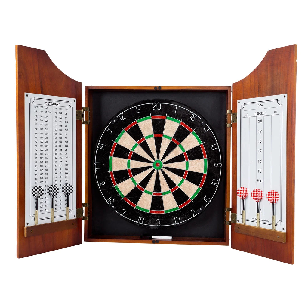 Deluxe Wooden Dartboard Cabinet Set with 6 Darts and Scoreboards