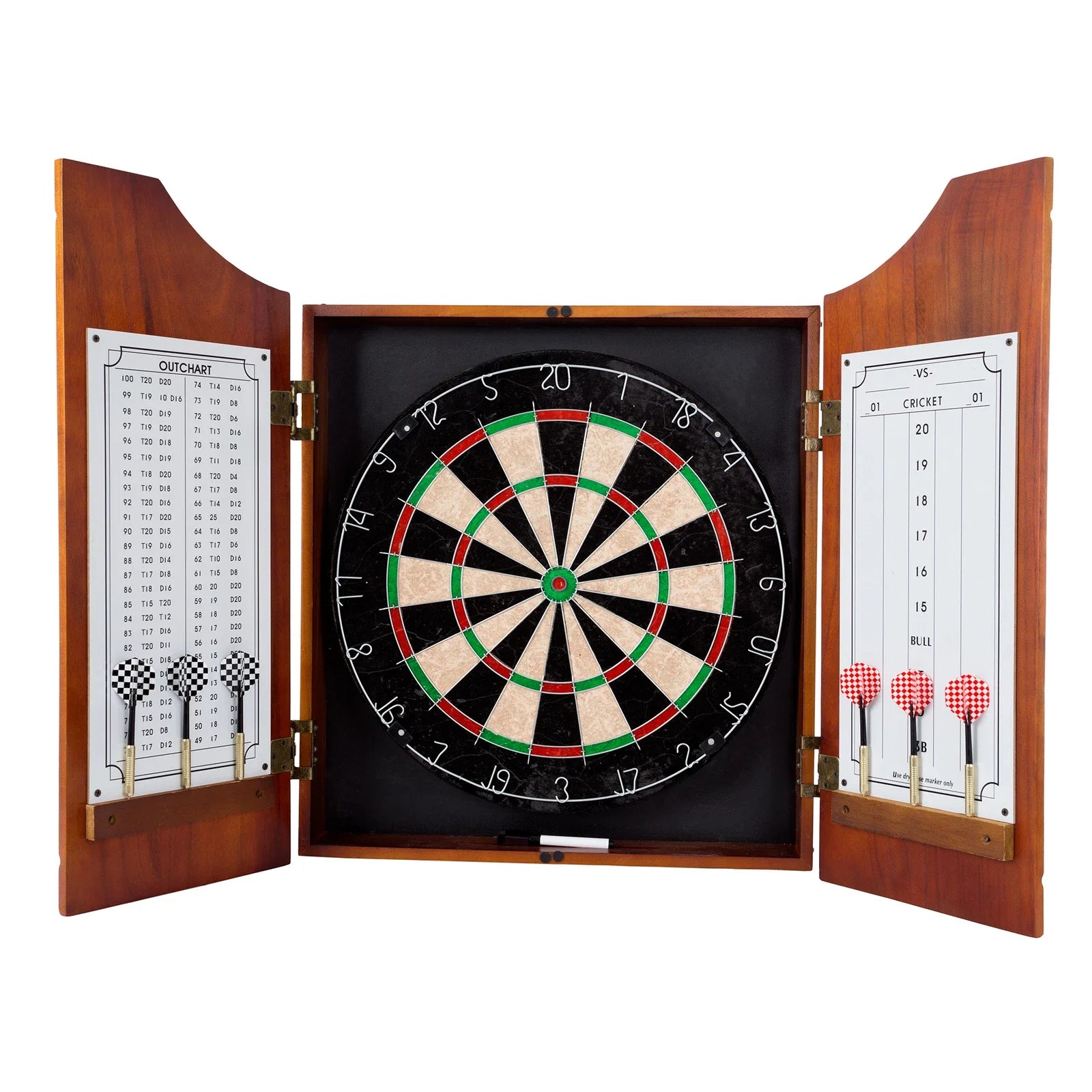 Deluxe Wooden Dartboard Cabinet Set with 6 Darts and Scoreboards