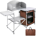 Folding Camp Kitchen Table with Windshield and 2-Tier Storage Shelf