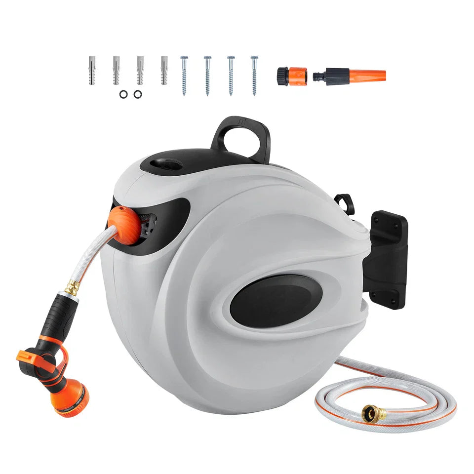 65FT Retractable Garden Hose Reel with Auto Rewind Wall Mount Nozzle