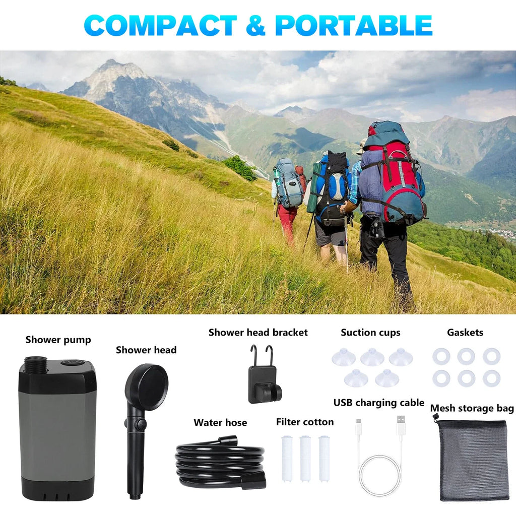 Rechargeable Camping Shower Pump with Display Filter & 4 Modes