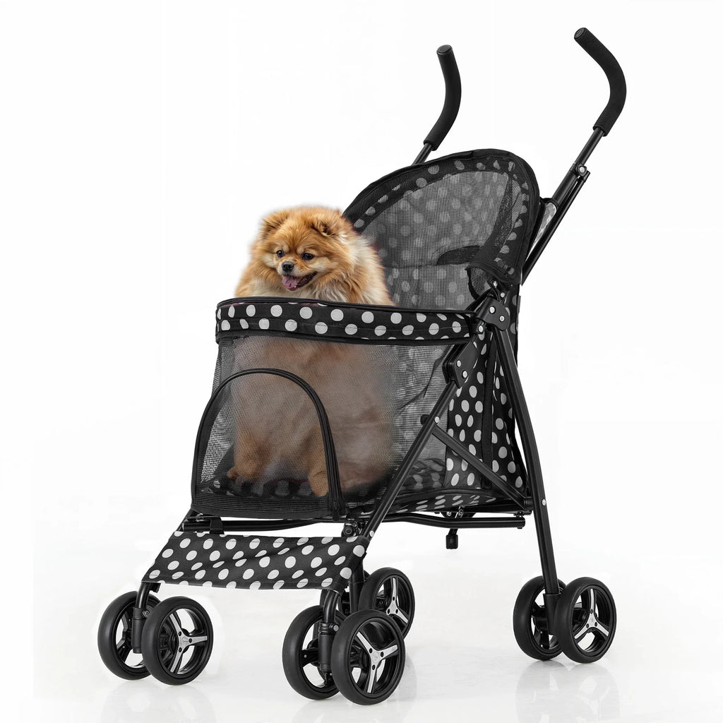 Polka Dot Foldable Pet Stroller with Mesh and Storage Basket