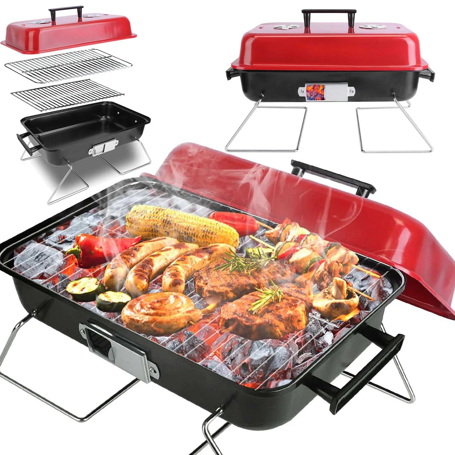 Folding Portable Charcoal BBQ Grill Tabletop Smoker for Outdoor Cooking