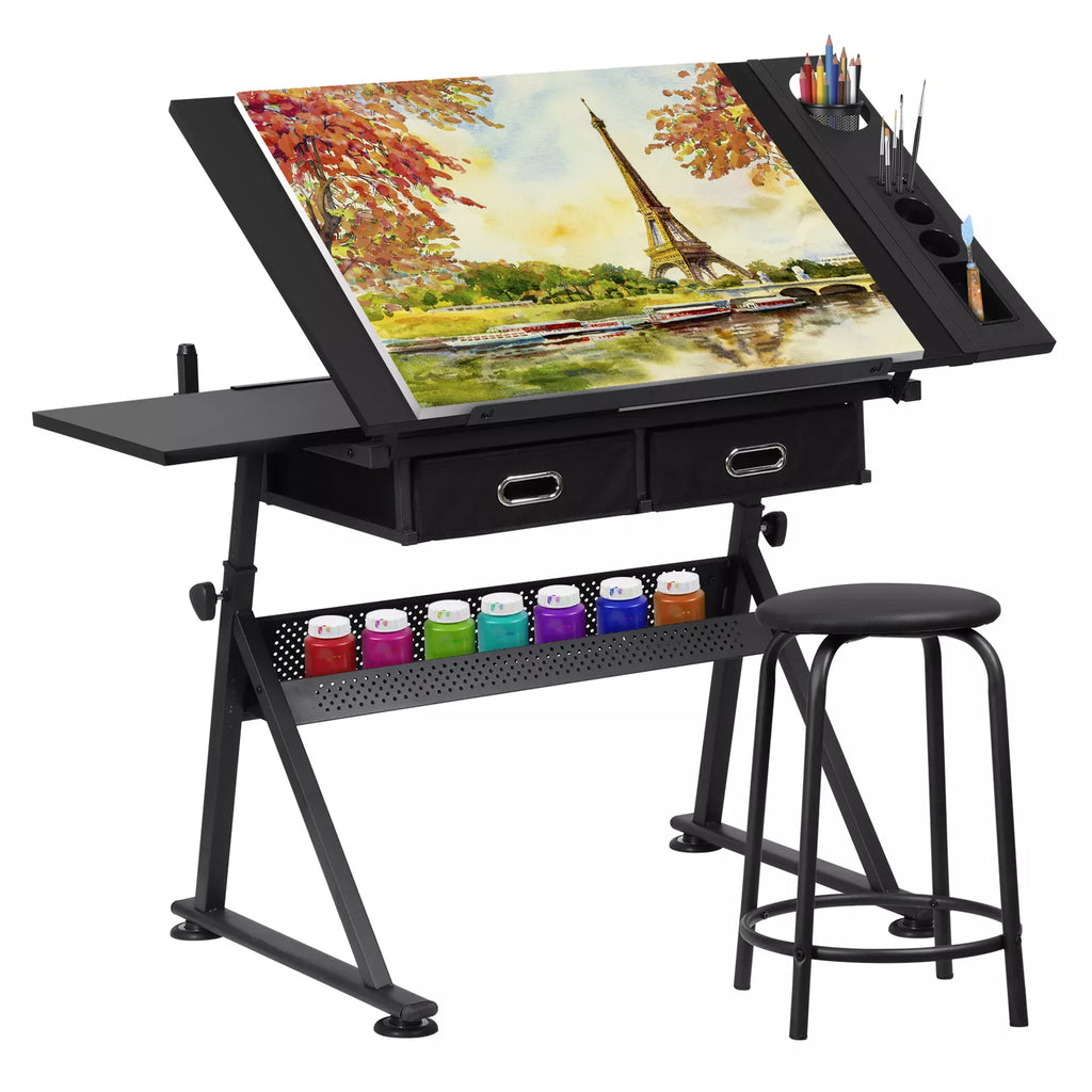 Tilting Adjustable Art Desk Storage Drawers and Stool