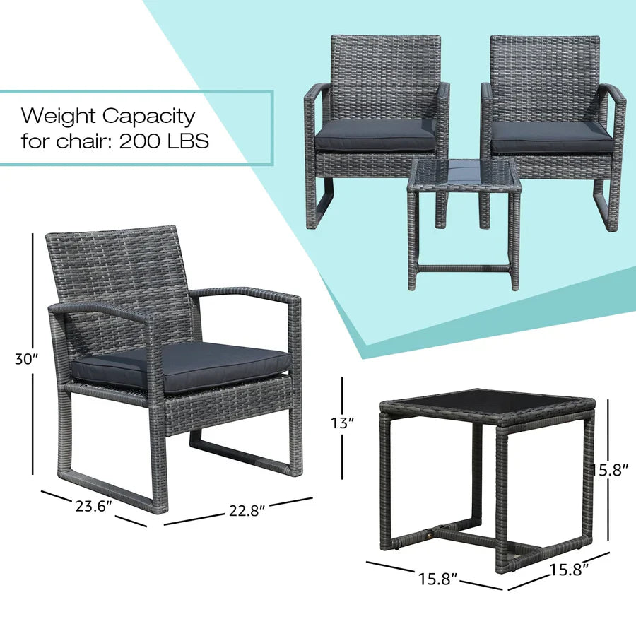 3-Piece Outdoor Wicker Chat Set Cushioned Patio Chairs & Table