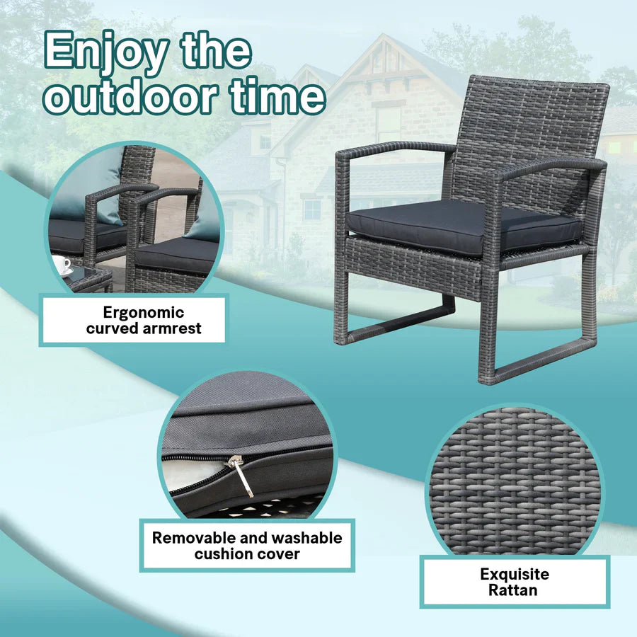 3-Piece Outdoor Wicker Chat Set Cushioned Patio Chairs & Table