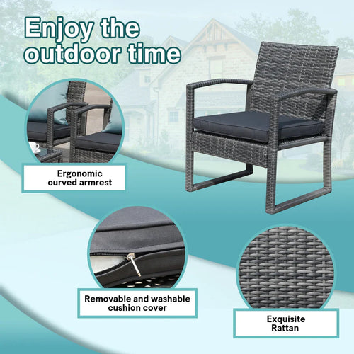 3-Piece Outdoor Wicker Chat Set Cushioned Patio Chairs & Table