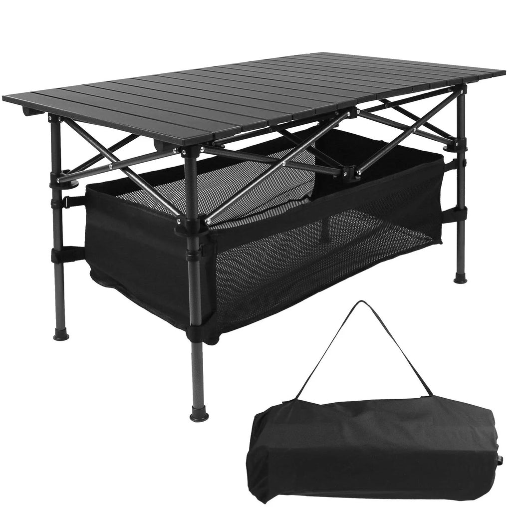 Folding Camping Table with Aluminum Top & Storage Basket Lightweight