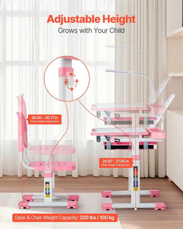 Pink Kids Desk and Chair Set with Adjustable Height and Tilted Desktop