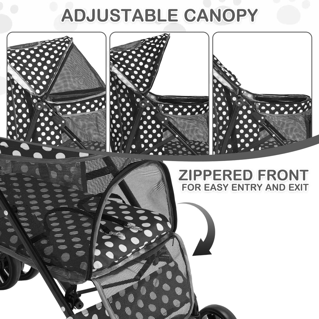 Polka Dot Foldable Pet Stroller with Mesh and Storage Basket