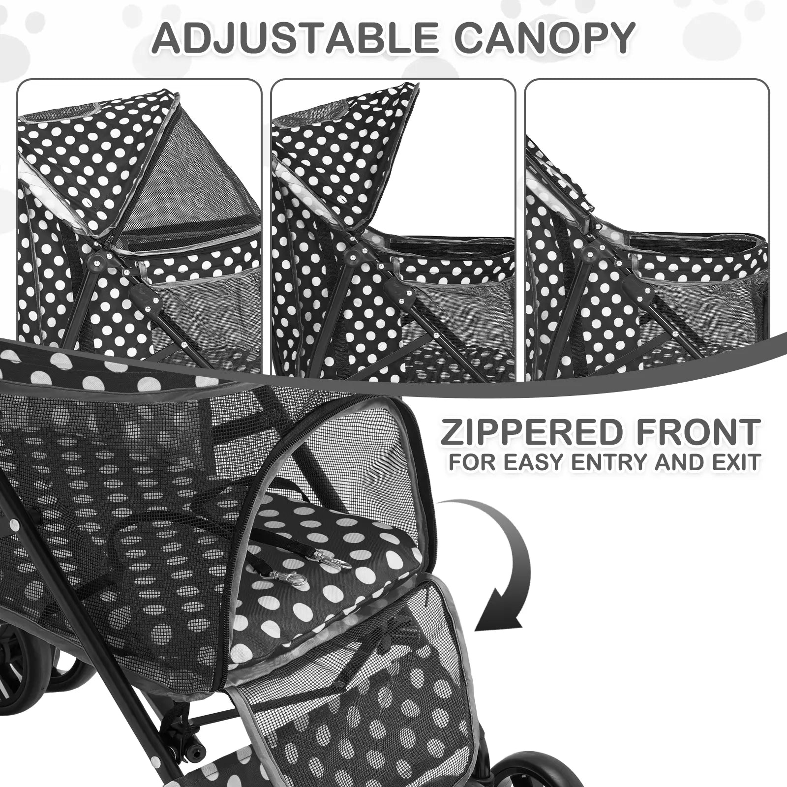 Polka Dot Foldable Pet Stroller with Mesh and Storage Basket