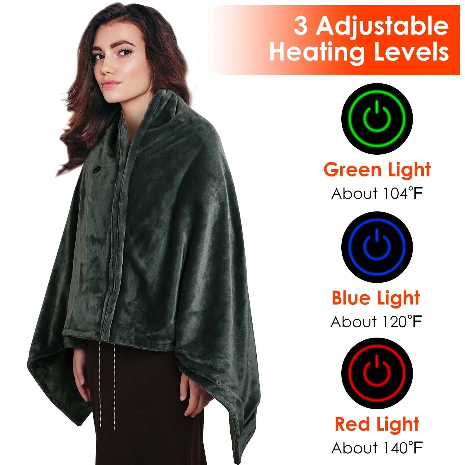 USB Heated Blanket Shawl with Zipper, Washable Flannel, 3 Heat Levels