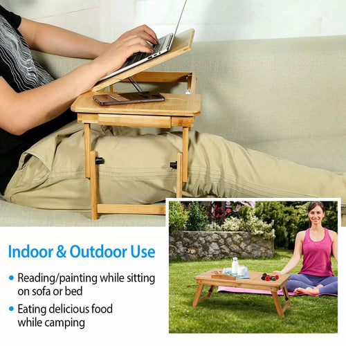 Adjustable Bamboo Laptop Desk Folding Stand for Bed & Sofa