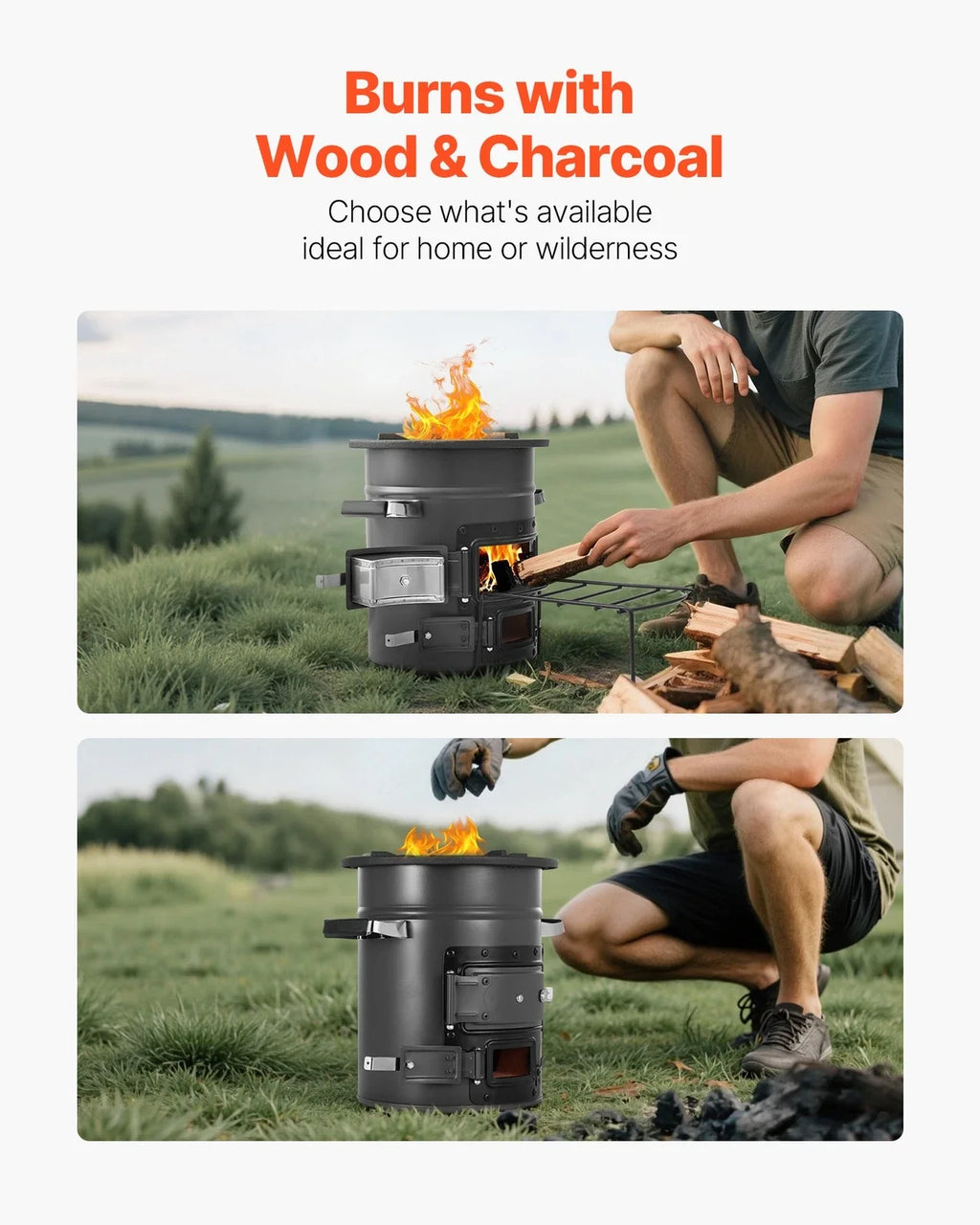 Camping Stove Portable Wood Charcoal Cooker Double Door