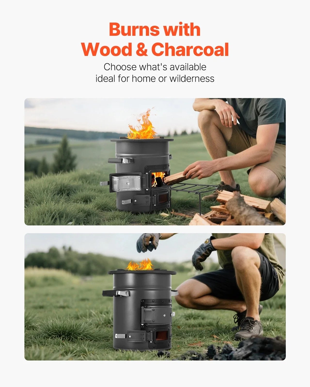 Camping Stove Portable Wood Charcoal Cooker Double Door