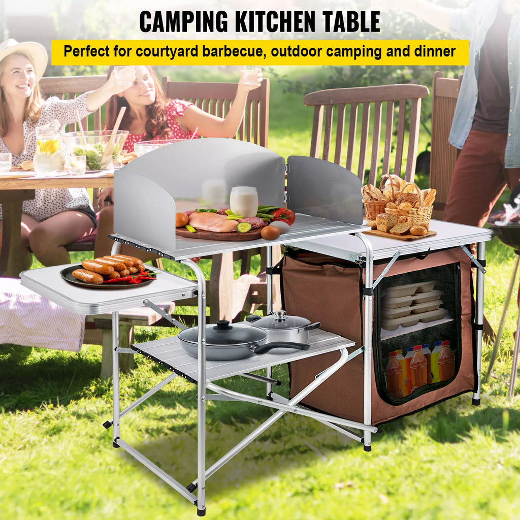 Folding Camp Kitchen Table with Windshield and 2-Tier Storage Shelf