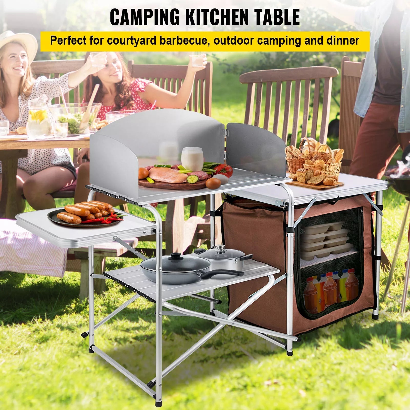 Folding Camp Kitchen Table with Windshield and 2-Tier Storage Shelf