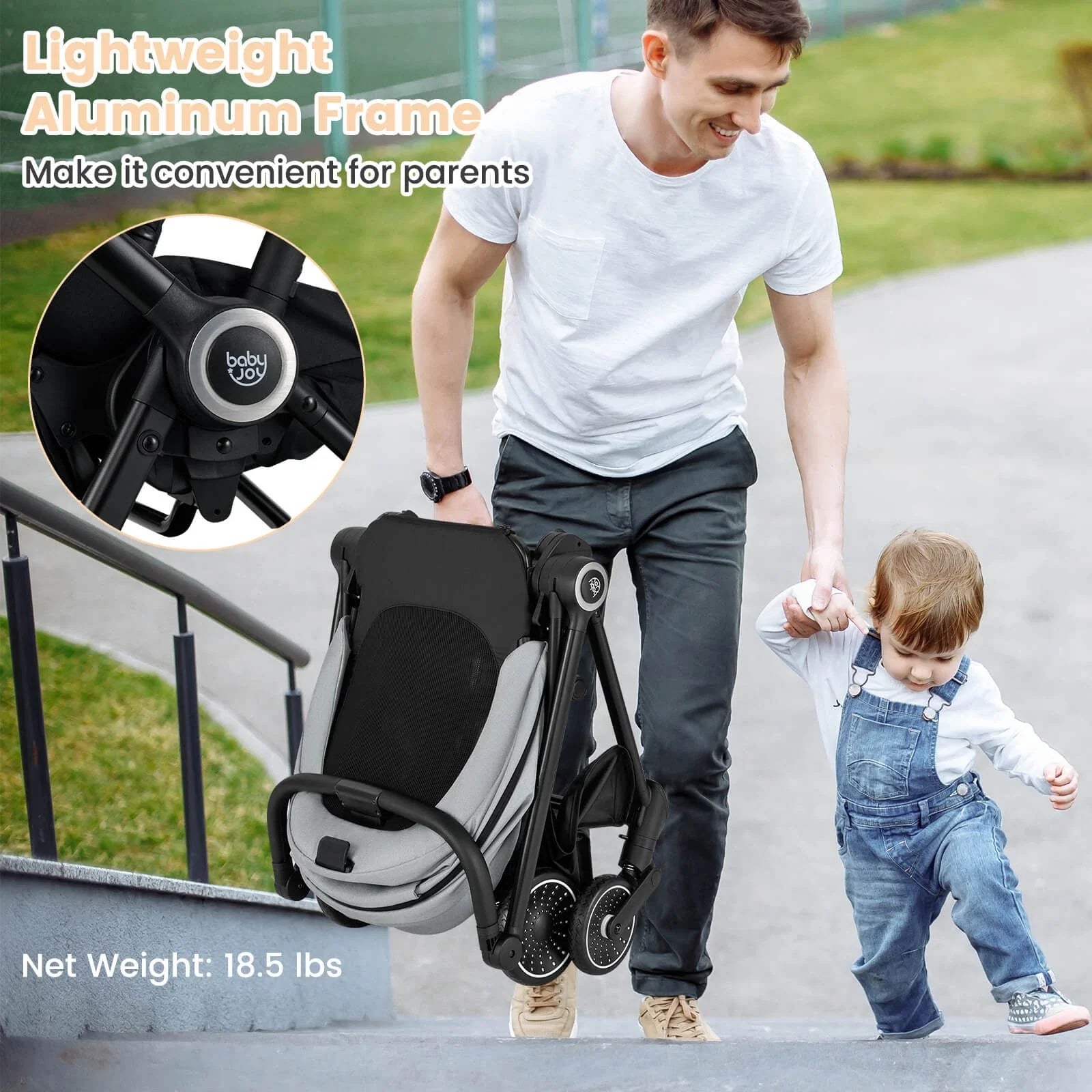 Foldable Baby Stroller with Reclining Backrest & Adjustable Handle