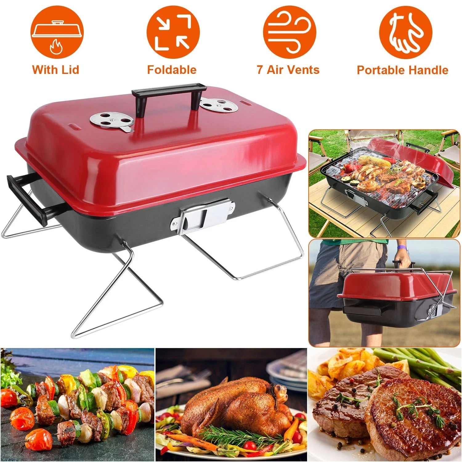 Folding Portable Charcoal BBQ Grill Tabletop Smoker for Outdoor Cooking