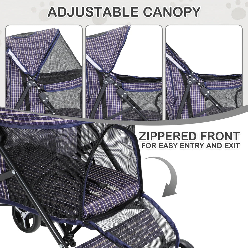 Foldable 4-Wheel Pet Stroller with Mesh Canopy and Rear Storage Basket