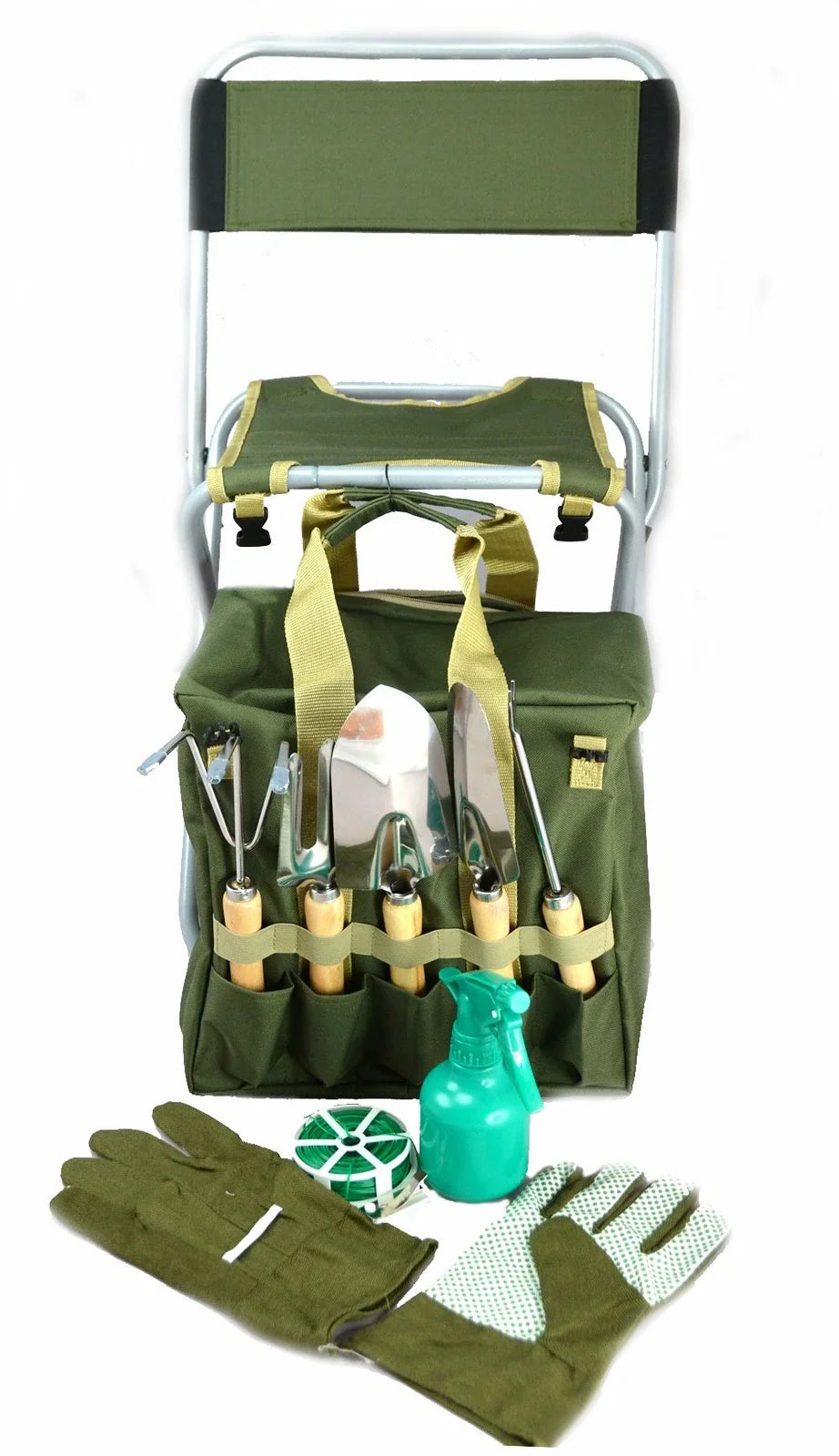 10pc Garden Tool Kit with Folding Seat Stool & Detachable Storage Tote