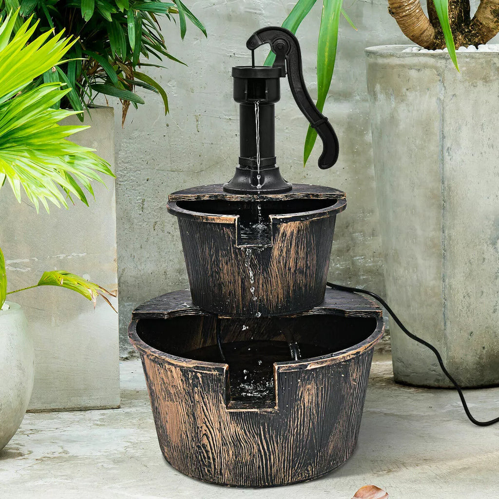 Outdoor 2-Tier Barrel Water Fountain with Pump Garden & Patio