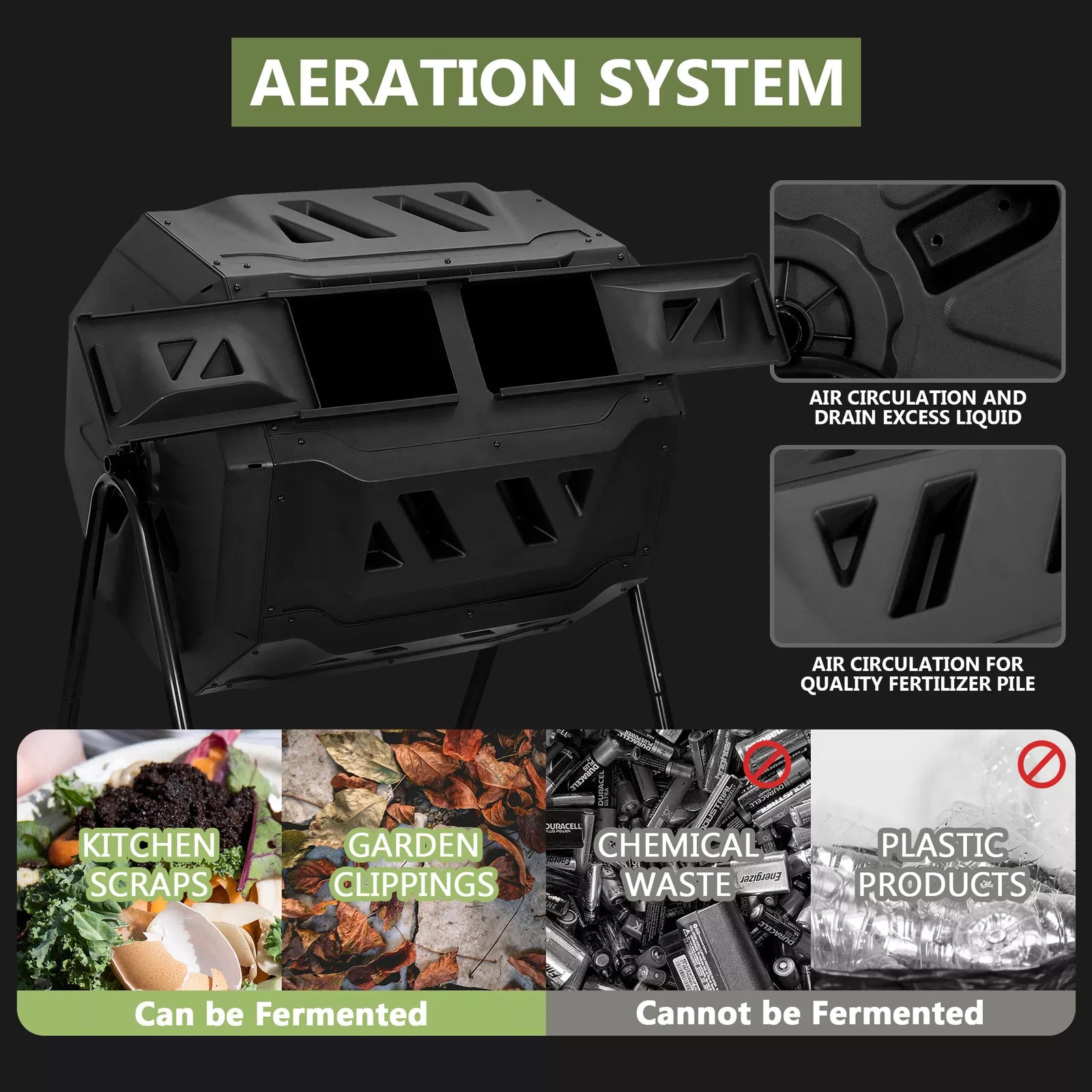 43 Gallon Outdoor Dual Compost Tumbler Bin with Rotating Chambers