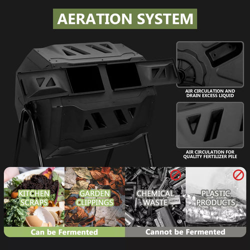 43 Gallon Outdoor Dual Compost Tumbler Bin with Rotating Chambers
