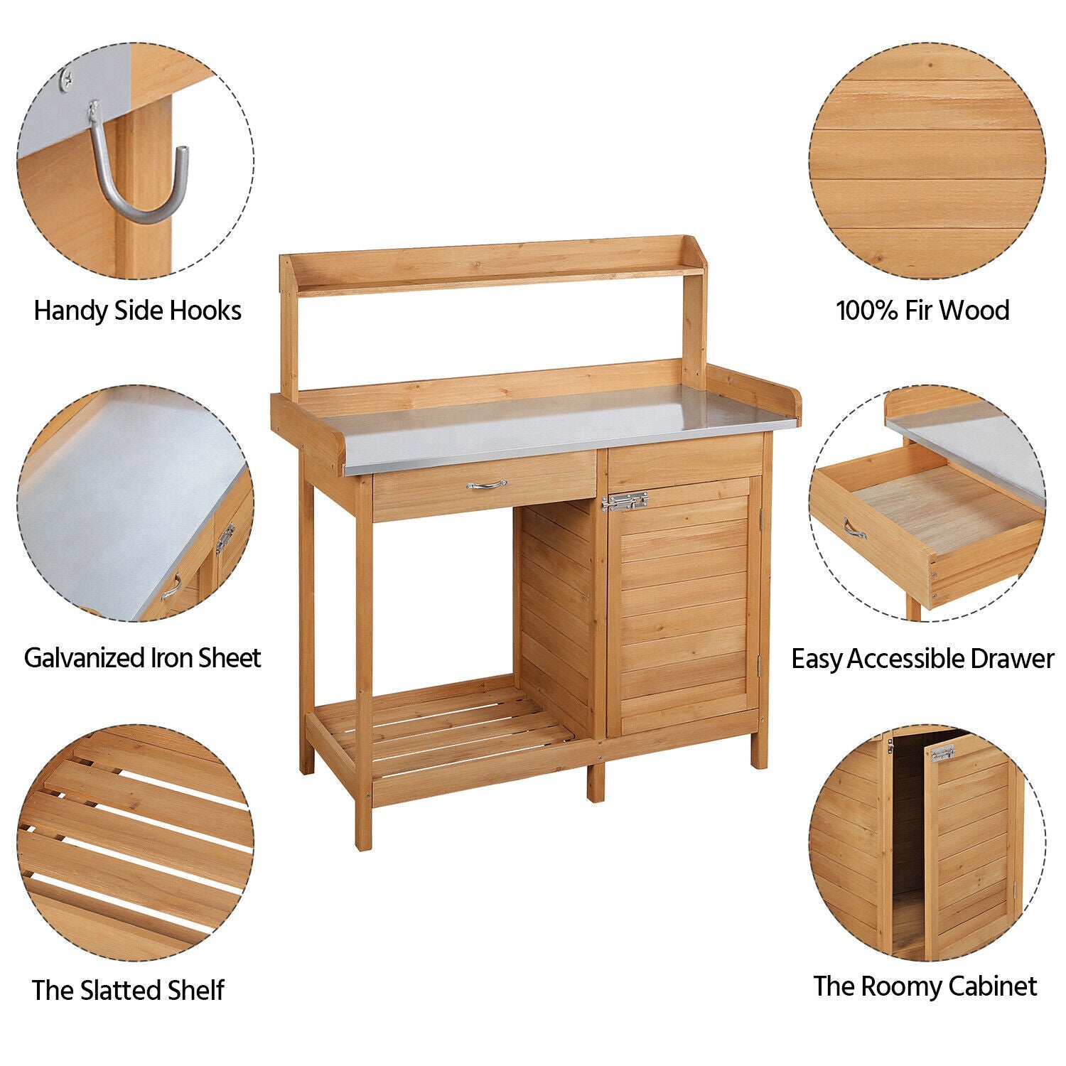 Outdoor Garden Potting Bench with Storage & Metal Tabletop