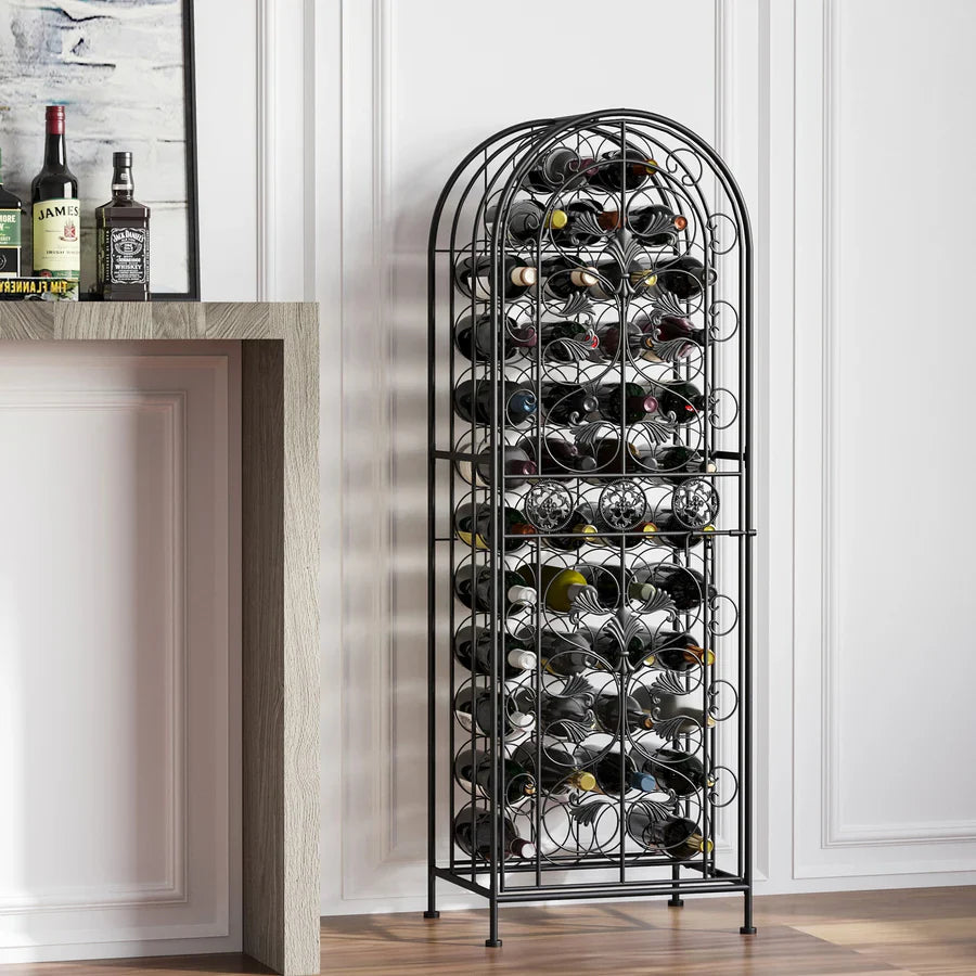 45-Bottle Wrought Iron Wine Rack Jail with Lockable Door Scroll Design