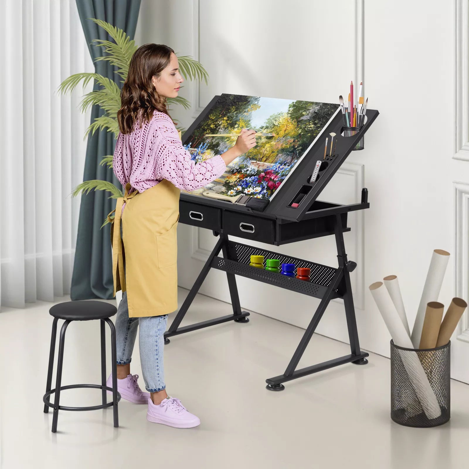 Tilting Adjustable Art Desk Storage Drawers and Stool