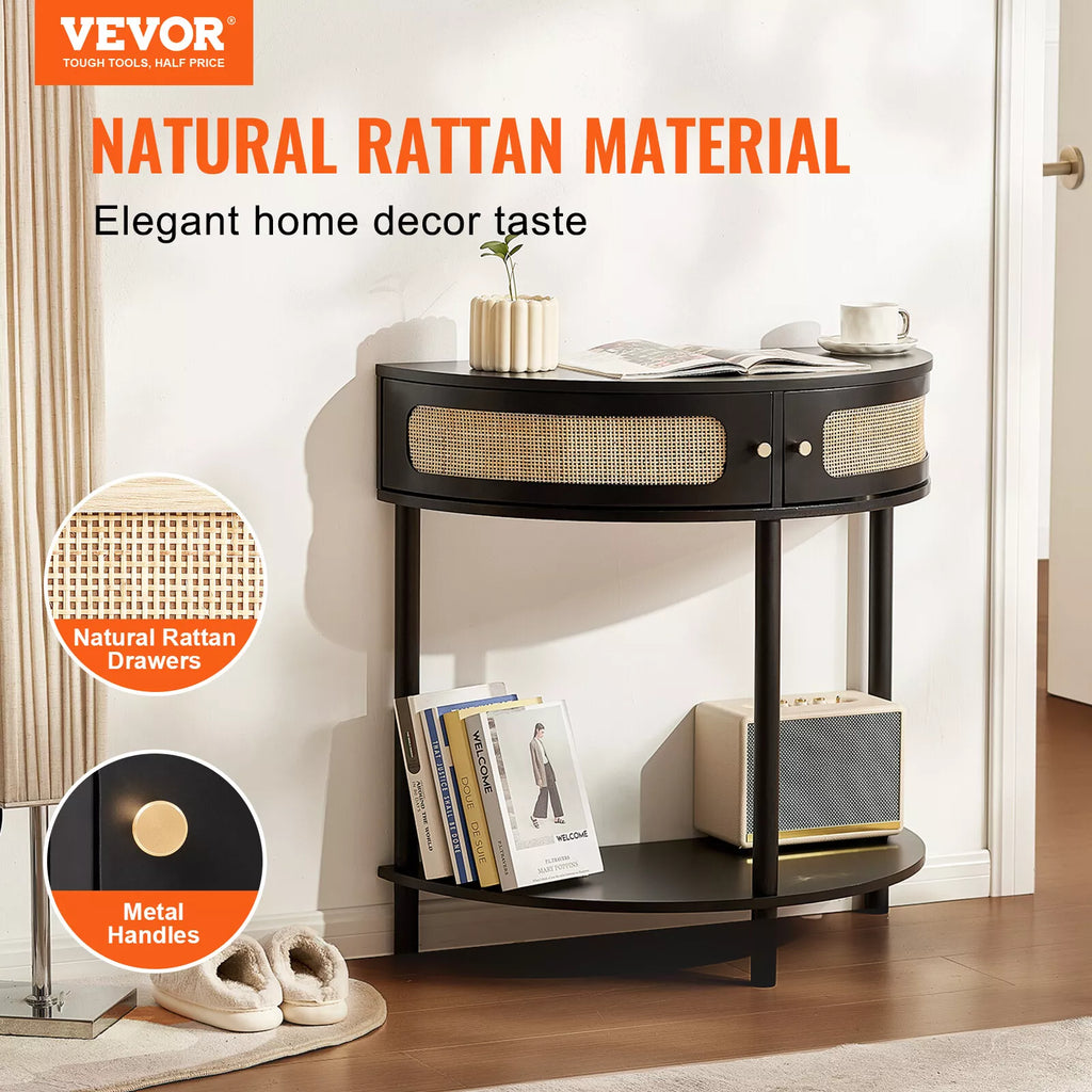 Black Half-Moon Rattan Console Table with Drawers