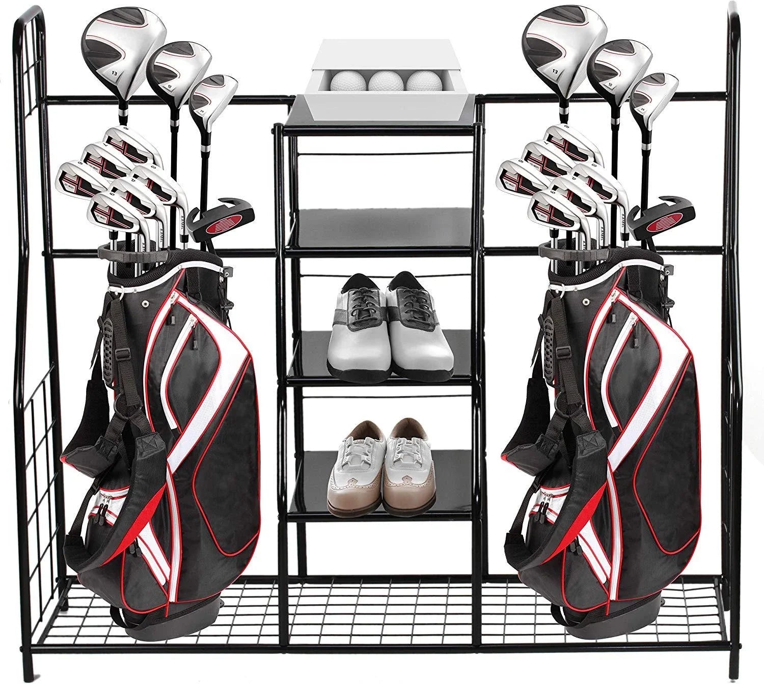 Dual Golf Bag Organizer Rack with Shelves for Garage or Home Storage