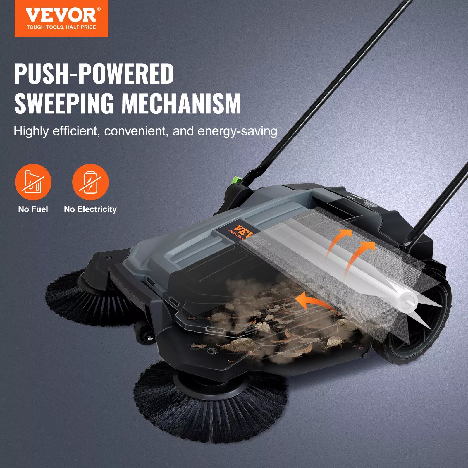 Manual Push Floor Sweeper 25.6" Path 5-Gallon Waste Capacity