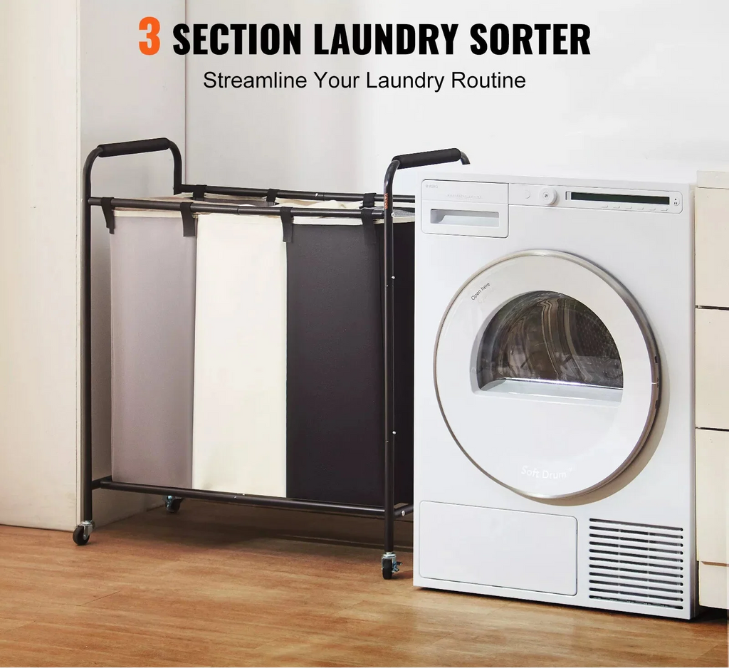 3-Section Laundry Sorter Cart with Wheels and Removable Bags