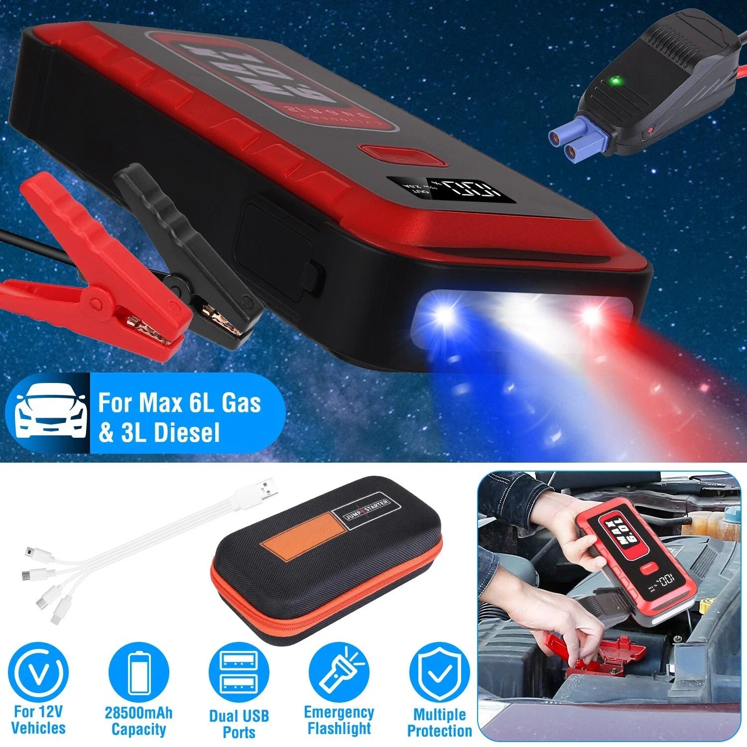 Portable 2500A Car Jump Starter 25800mAh Battery Pack USB LED Light