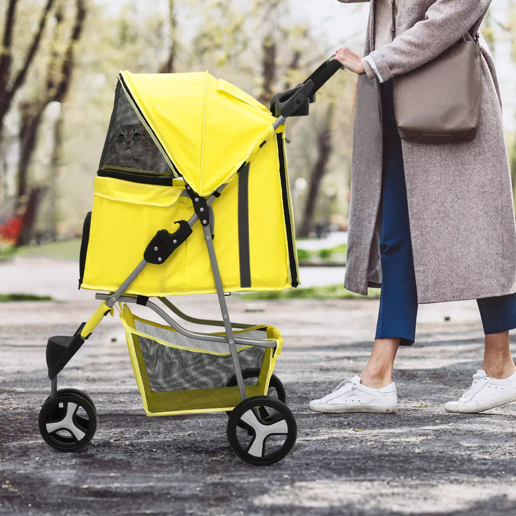 Yellow Folding Pet Stroller with Adjustable Sunshade for Dogs and Cats