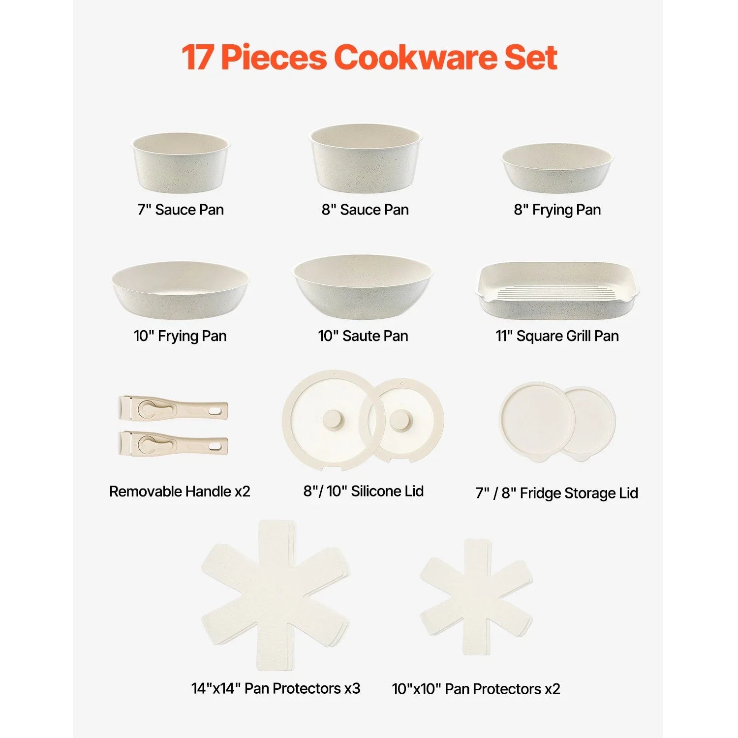 17-Piece Nonstick Pots and Pans Set with Detachable Handle & Lids