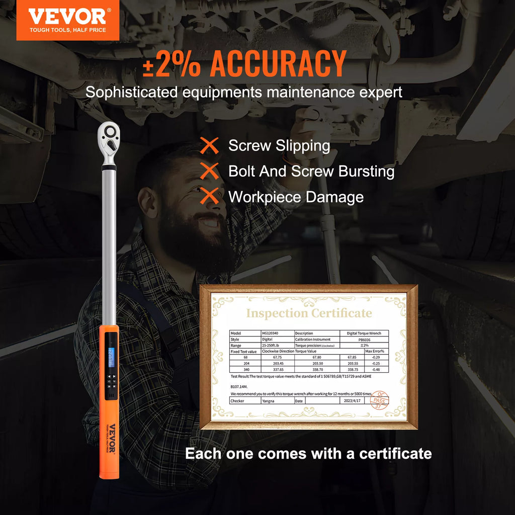 High-Accuracy Digital Torque Wrench 1/2" Drive 25-250 ft.lb