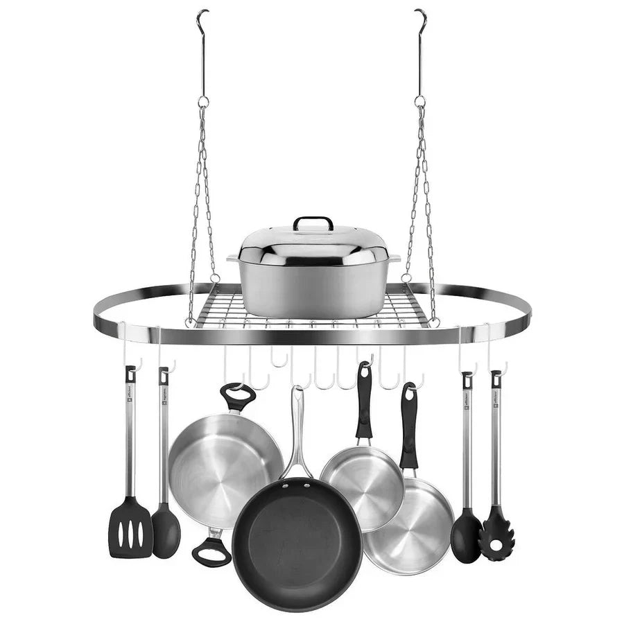 Ceiling Mounted Oval Pot Rack with 10 Hooks and Grid Shelf Silver